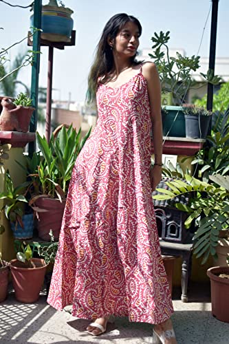 Image of JAIPUR HAND BLOCK Cotton Sleeveless Long Flared A Line Dress|Gown (S00063)