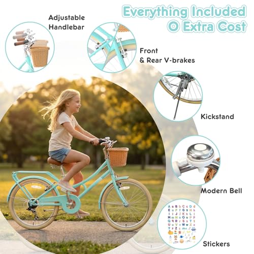 Image of XJD 20 24 26 Inch Girls Bike, 7-Speed Beach Cruiser Bike for Girls Youth and Over 6 Years Old, Kids Bicycles with Dual V-Brakes Rear Rack & Wicker Basket