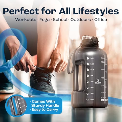 Image of AQUAFIT Half Gallon Water Bottle with Time Marker - Straw & Chug Lid - BPA Free Gym Water Bottle with Straw - Big Gallon Jug (Gray, 64 oz - 2in1 Lid)