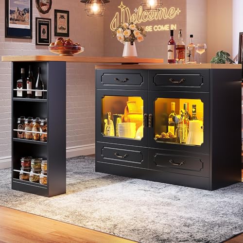 Yihomfy Îlot de Cuisine Extensible 138-205 cm, Table Bar Pivotante 360°, Meuble Rangement Porte Vitrée et Étagères, Table Haute Moderne pour Salle à...