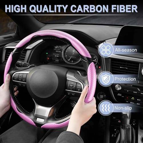 Amiss 3pcs Carbon Fiber Anti-Skid Steering Wheel Cover, Waterproof & Segmented Butterfly Design, Universal 99% Vehicle Wheel Cover Protector, Car Interior Accessories, Pink - Thumbnail 6