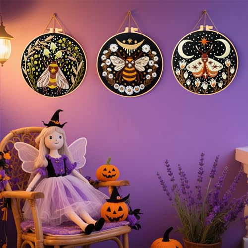 Image of Hand Embroidery Starter Kits for Beginners Adults, Counted Stamped Cross Stitch Kit for Beginners Adults, Embroidery Needlepoint Kit with Moth Flower Pattern, 3 Hoops (Attached Teaching Video QR Code)