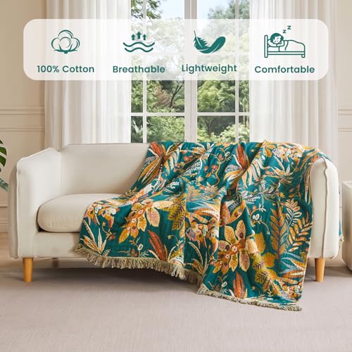 Image of MSGKV Boho Throw Blanket 60 inchx80 inch 100% Cotton Floral Muslin Blanket for Sofa
