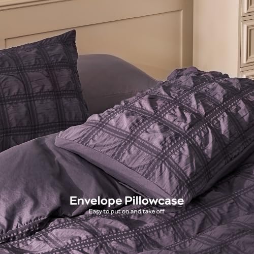 Image of JELLYMONI Seersucker Duvet Cover Set Queen, 3pcs Purple-Grid Polyester | In Master Bedroom, Couples Pick, Crinkled Texture, Oeko-Tex Certified, 8 Corner Ties & Hidden Zipper