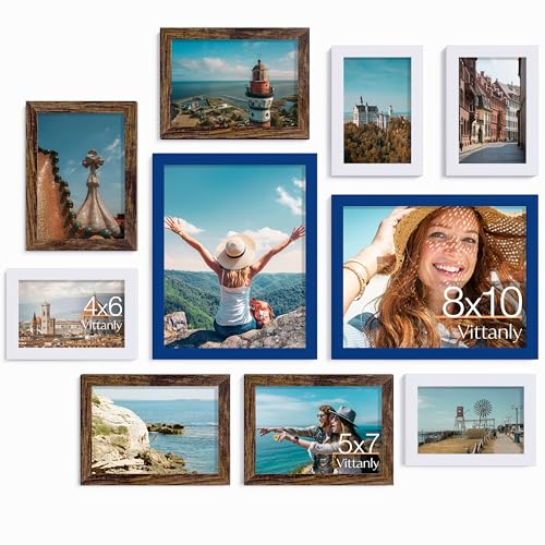 Image of Vittanly Picture Frames Set of 10, Picture Frames Collage Wall Decor with Two 8x10, Four 5x7 and Four 4x6 Photo Frames, Gallery Wall Frame Set for Wall or Tabletop Display, Blue, Brown and White