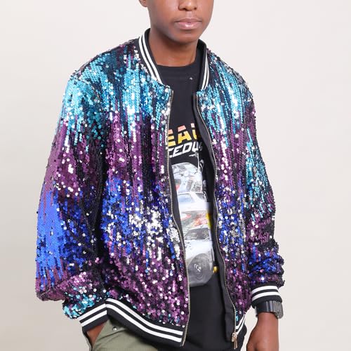 Image of YIYI Mens Sequin Jacket Bomber Sparkly Striped Varsity Glitter Jacket Male Party Outwear Coat Birthday Holiday Clothes