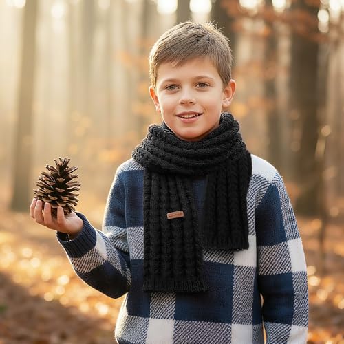 Kinder Strickschal Gestrickter Schal Kinder Winter Strickschal Nackenwärmer Unisex Warmer Pure Farbe Schals für Jungen Mädchen 2–10 Jahren, Schwarz