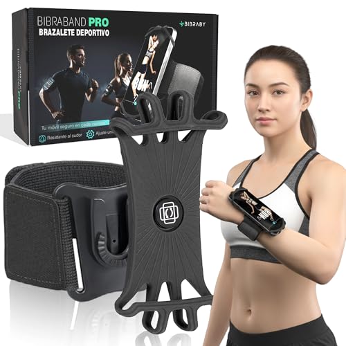 BIBRABY Super Brazalete móvil en Funcionamiento Running | Soporte Universal para movil Ajustable a Brazo y muñeca | Accesorios Antideslizantes | Correr Caminar Gimnasio | Phones hasta 7'' (Negro)