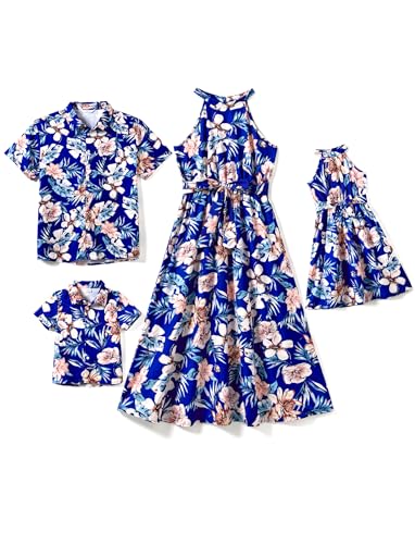 Image of PATPAT Family Hawaiian Matching Outfits - Mommy and Me Vacation Outfits | Halter Sundresses and Button Down Shirts,Caribbean Vacation Summer Tropical Outfits,Hawaiian Boho Tropical Floral Printed