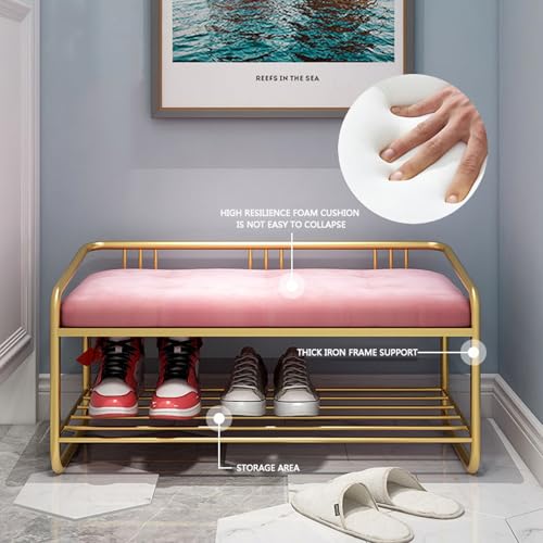 Banc de rangement à chaussures luxe en velours et structure métal