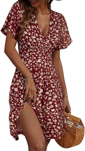 Zeagoo Robe d'été Elegant V Manches à Volants Rouge Robes Trapèze à Fleurs Robe de Plage avec...