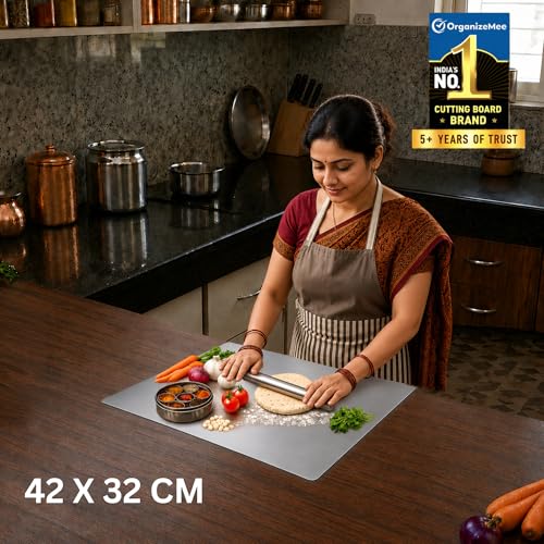 Image of Stainless Steel Chopping Board Large (42 cm x 30 CM), Steel Chopping Board for Kitchen Large,(with Rolling Pin) Rust-Proof Cutting Board with Anti-Countertop for Meat and Vegetables(Platform Medium)