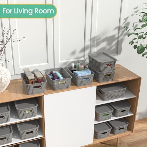 Image of Plastic Storage Baskets with Lid-Plastic Storage Containers Stackable Storage bins: Storage Baskets for Organizing Shelves Drawers Desktop Closet Playroom Classroom Office,8 Pack-Gray10.2x7.2x4.1Inch