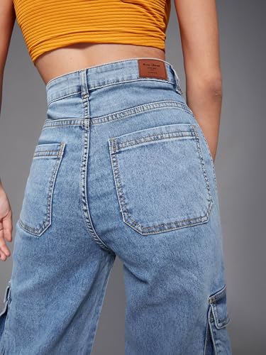 Image of Miss Chase Women's Wide-Leg High-Rise Regular-Length Stretchable Patch-Pocketed Denim Jeans (MCSS24DEN79-02-402-34, Electric Blue, 34)