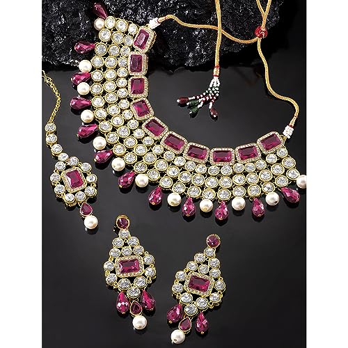 Image of Peora Crystal Choker Necklace with Maang Tikka Earrings Indian Traditional Bridal Wedding Jewellery Set for Women