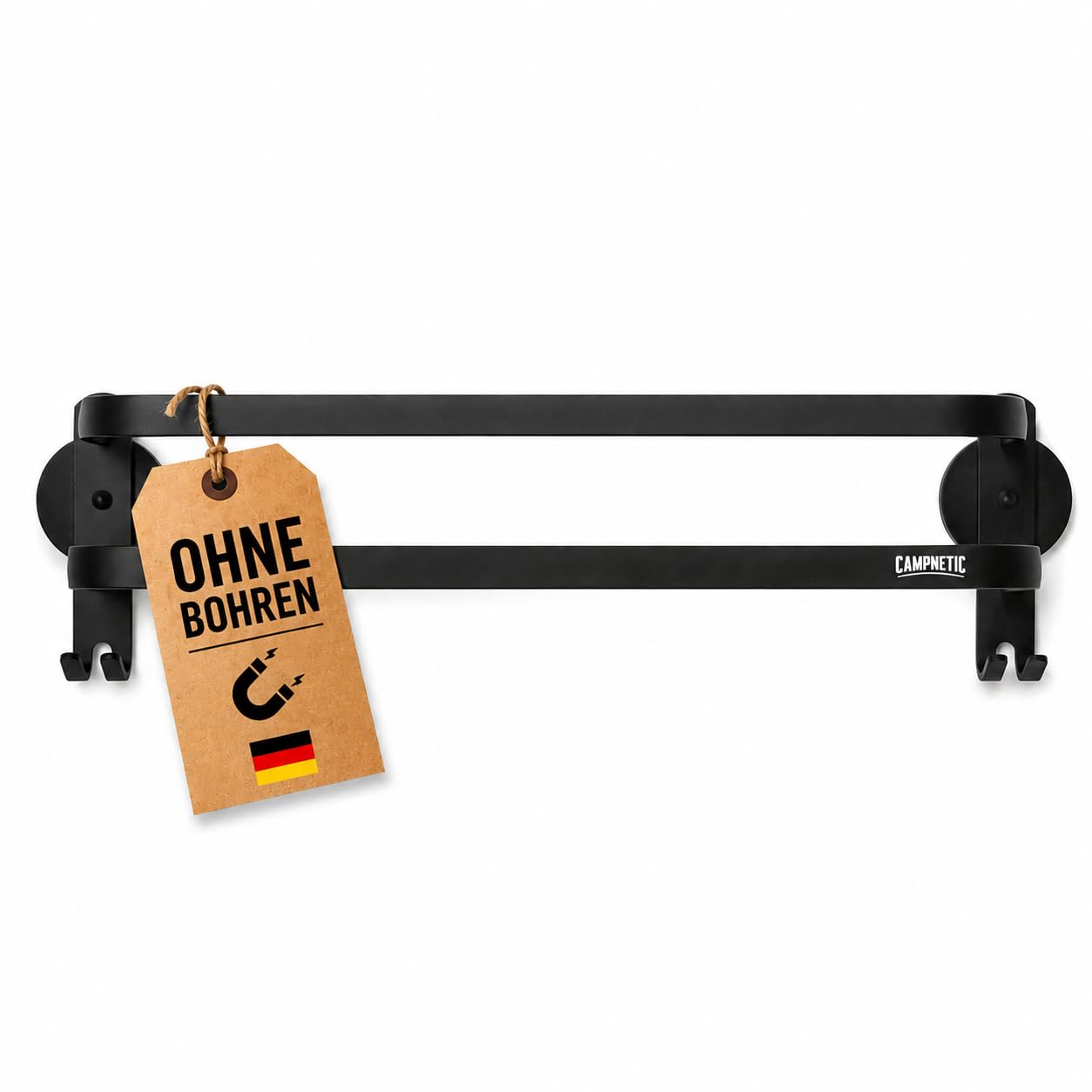 Campnetic magnetischer Handtuchhalter schwarz 50cm - Camper Zubehör für Kastenwagen, Vans, Wohnmobile - Offroad Zubehör - Magnet Handtuch Halter - inkl. Aufbewahrungsbeutel - gummierte Magnete