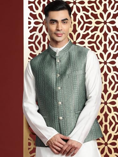 Image of MANQ Men's Kurta With Churidar & Ethnic Motifs Nehru Jacket Set For Wedding, Festival & Formal Occasions