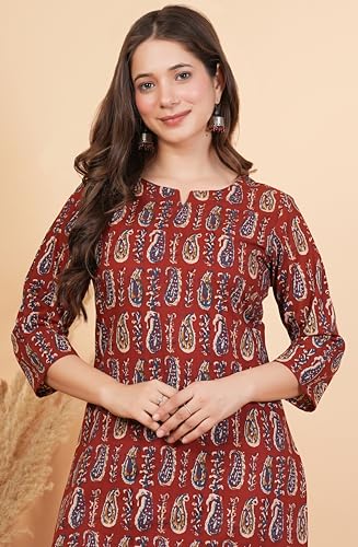 Image of rytras Women Woman Pure Cotton Printed Straight Kurta Sets with Afghani Pants|Kurti Set for Woman|Cord Set for Women Cotton