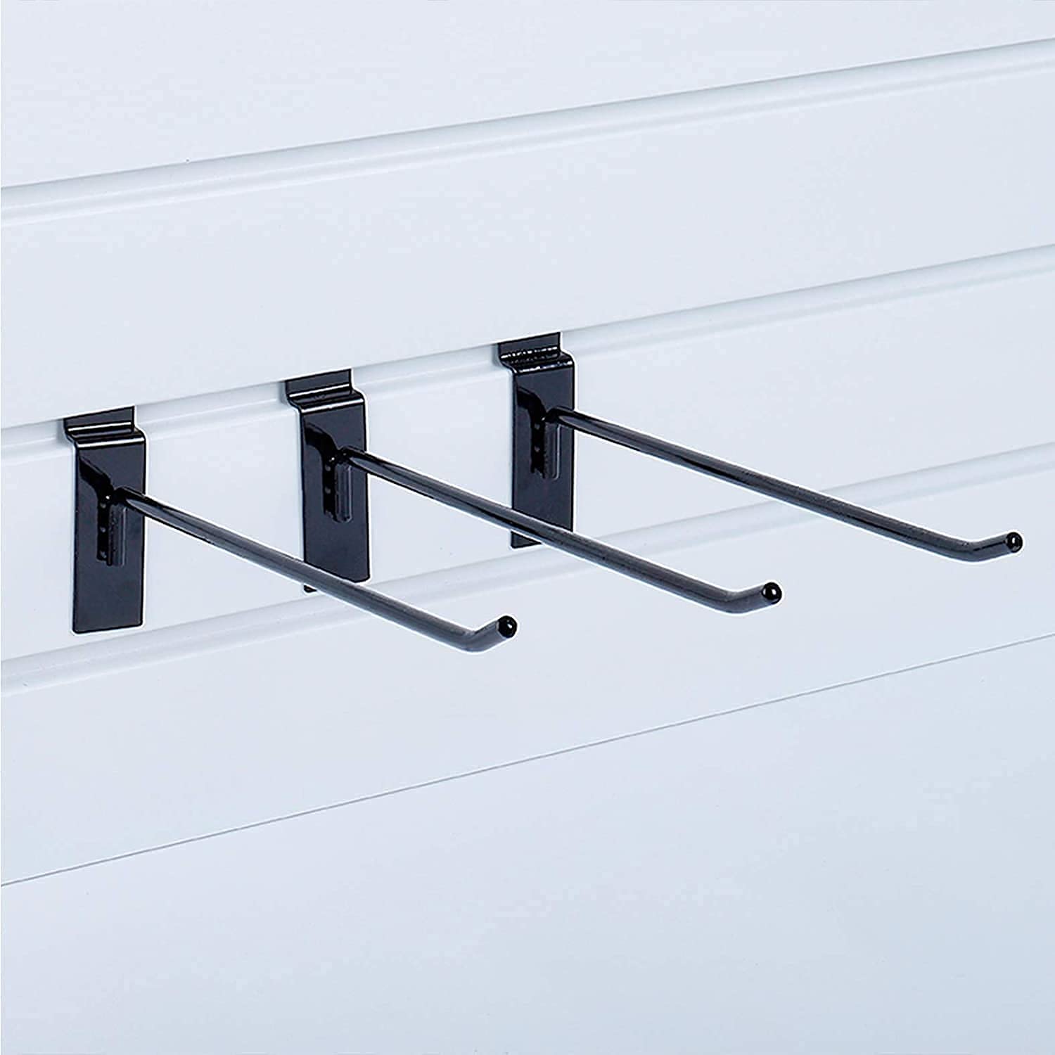 KINGDOM SOLUTIONS I 50 czarnych metalowych haczyków Slatwall (25 po 10 cm i 15 cm) do komercyjnego handlu detalicznego i wystawowego, haczyki do slatwall i wieszaki, czarne haczyki do slatwall akcesoria, czarne haczyki do tablic
