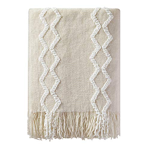 Bourina Fluffy Chenille Knitted Fringe Throw Blanket Lightweight Soft Cozy for Bed Sofa