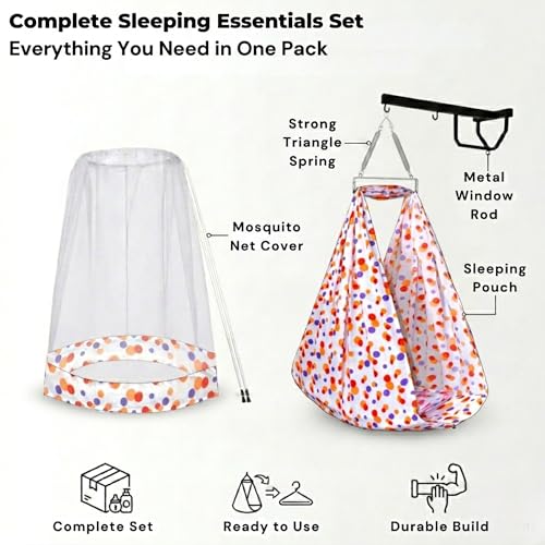 Image of VParents Sleeping Essentials Set with Mosquito Net, Spring & Window Stand (Orange) | Polka Dots