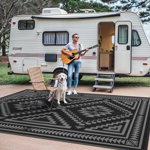 Image of GENIMO Outdoor Rug, Waterproof Plastic Rugs for Patio, 6'x9' Charcoal Grey