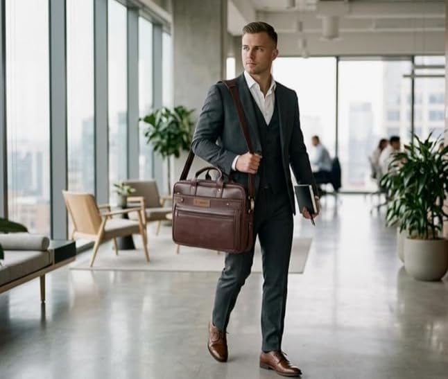 Image of Faux Leather Laptop Messenger Office Bag Briefcase for Work for Men