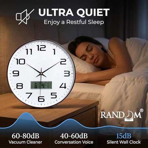 Image of RANDOM Premium Wall Clock, Black Plastic Frame, Gold 3D Numbers, 32 cm, Silent Sweep, HD Reinforced Glass (Digital Brown)