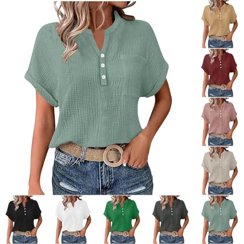 My Orders - Camiseta de manga corta para mujer, estilo casual, de algodón, para verano, cuello en V, con botones, bolsillo Henley, color liso, ajuste holgado, ropa activa, camisetas de moda, túnica de