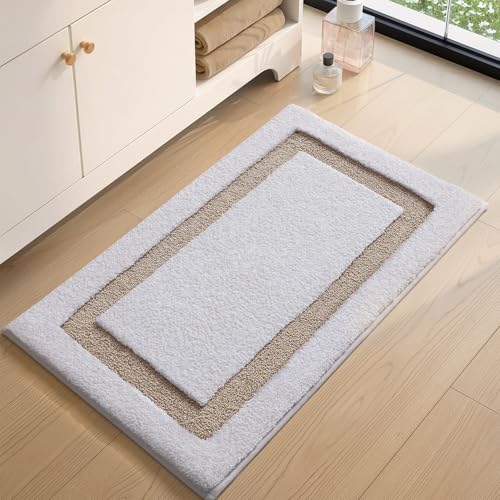 Image of Color&Geometry Extra Soft Absorbent Microfiber Bath Rugs, Non-Slip Bathroom mat, Small Washable Plush Bath Mats for Bathroom, Shower, Tub, Laundry, 17x30, White and Khaki