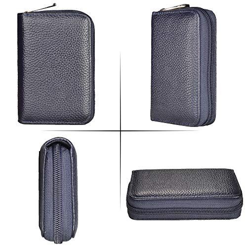 Image of Easyoulife Genuine Leather Credit Card Holder Zipper Wallet with 26 Card Slots (Dark Blue)