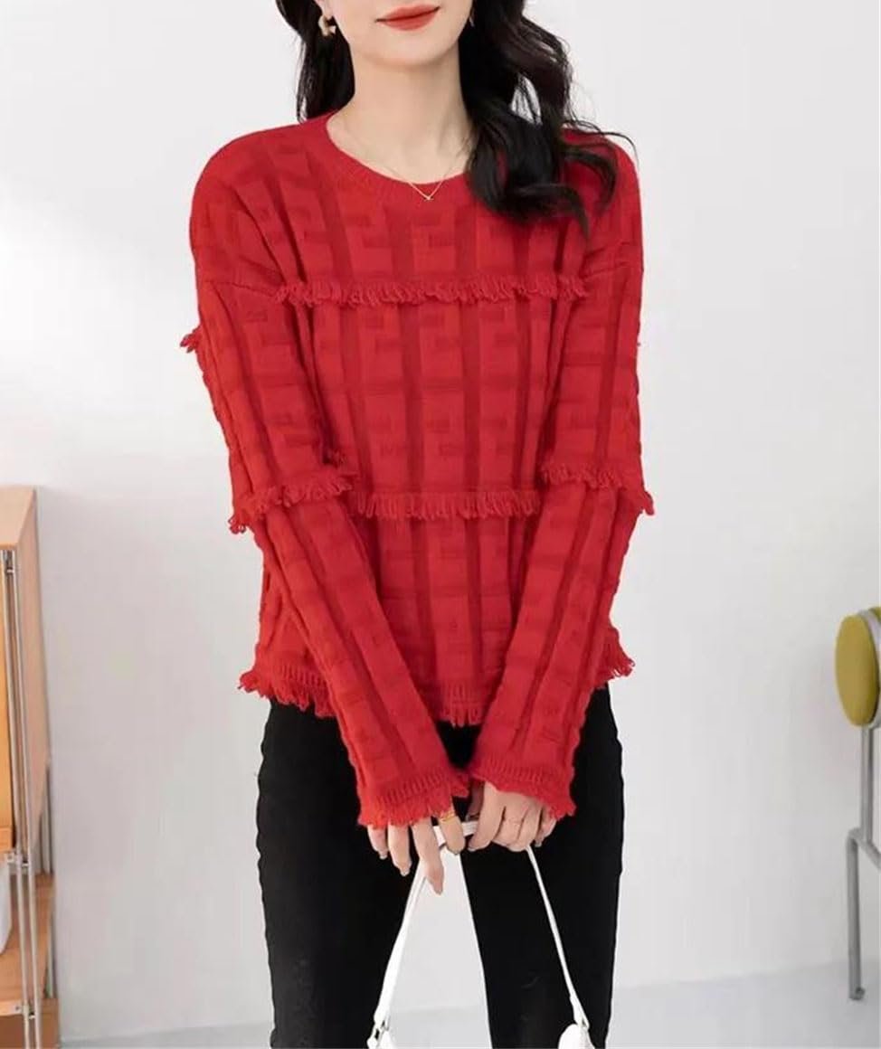 Sweter Damski Z Dzianiny, Okrągły Dekolt, Luźny, Z Frędzlami, Długi Rękaw, Swobodny, Ciepły, Modny Top-Gray-Medium