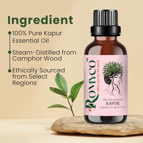 Image of Romyco Kapur Essential Oil (Camphor) for Respiratory Relief, Cough & Cold, Muscle Relaxation, Pain Relief | Natural Air Freshener | Aromatherapy Diffuser | Pure Natural Premium & Undiluted - 30ml