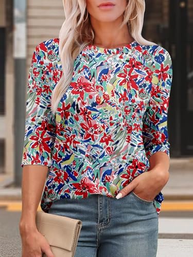 KISSMODA Tunic Tops for Women Loose Fit Dressy Round Neck Pleated 3/4 Length Sleeve Spring Tops