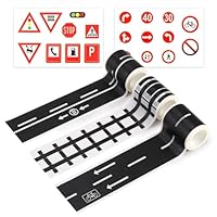 3 Rolls Road Tapes Removable Train Track Tape Stickers with 2 PCS Road Signs Interactive Play Traffic Themed for Kids DIY Traffic Road Classroom Playroom Festive Floor Wall Table Chair Sofa Decoration