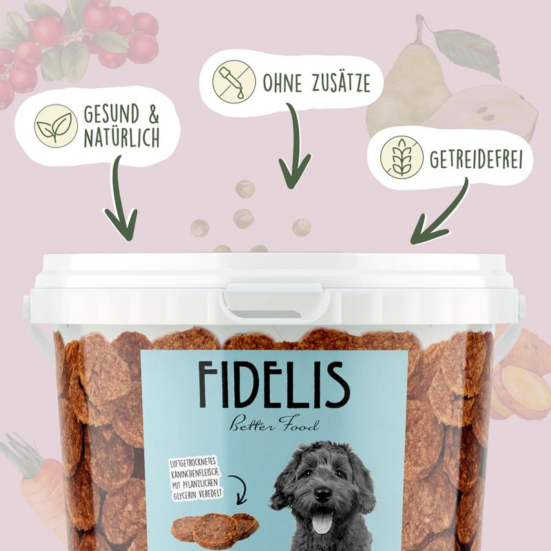 Fidelis – Kaninchenburger für Hunde im wiederverschließbarem 1kg-Eimer - Luftgetrocknete Hunde Leckerlis aus 100% natürlichen Rohstoffen