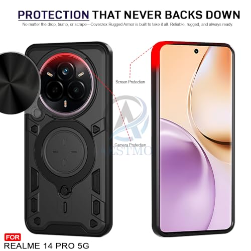 Image of AESTMO Armor Realme 14 Pro 5G Bumper Back Case Cover | Ring Holder & CD Pattern Sliding Camera Shutter Cover | Back Case Cover for Realme 14 Pro 5G (Black)