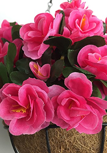 Lopkey Outdoor Artificial Red Azalea Bush Flower Patio Lawn Garden Hanging Basket With Chain Flowerpot,Rose Red #TOP3