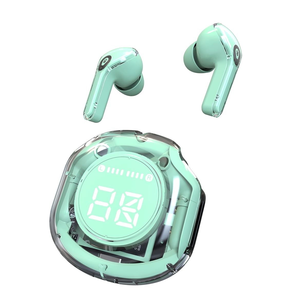 SPETRA Crystal Earbuds (Mint Green) - Dive into a World of Color and Sound with Chic Pastel Hues & Transparent LED Display Case - Premium Wireless