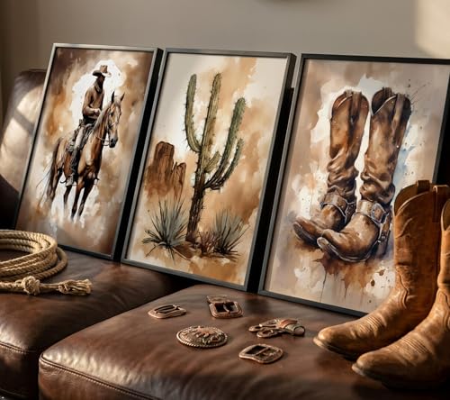 Image of Vintage Western Cowboy Canvas Wall Art Aesthetic Cactus Cowboy boots Painting Picture Wall Decor Retro Southwestern Desert Poster Print Artwork for Farmhouse Living Room Home Decoration 16x24in