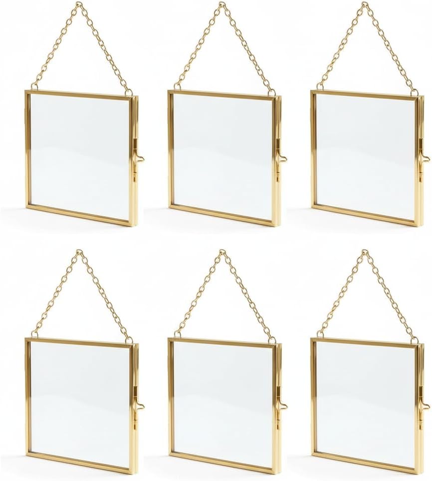 FOCHIER 3x3 Picture Frame Set of 6, Gold Modern Simple Thin Aluminum Metal Square Photo Frame with HD Glass,Mini frames for Pressed FlowersDisplay for Tabletop and Wall, 2 Pack