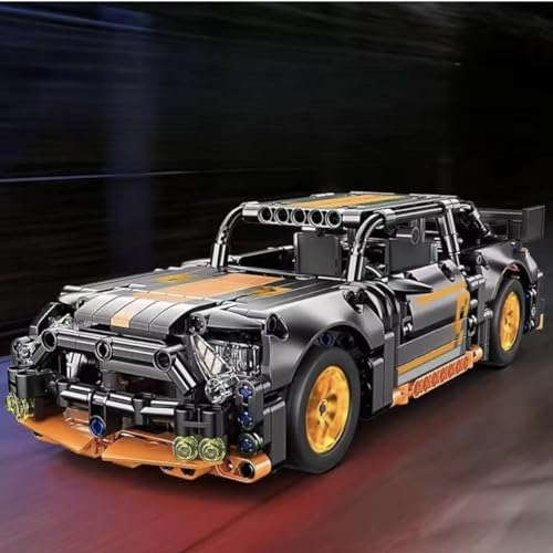 Image of 1:18 Scale Racing Pull-Back Supercar Building Blocks Set | Car Model Kit with Gold Sport Rims | DIY Construction Toy,Compatible with Major Bricks,Ideal Gift for Kids (1:18 Orange Mustang [520pcs])