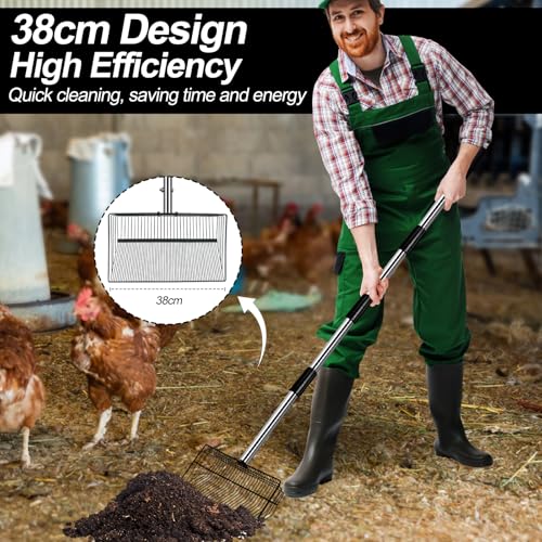 Image of 15 inch Large Chicken Poop Scooper and Rake for Sand for Shavings 74 inch Heavy Duty Pooper Scooper Long Handle Chicken Coop Scoop for Cleaning Tools 5-in-1 Sifting Shovel for Chicken Scoop supplies