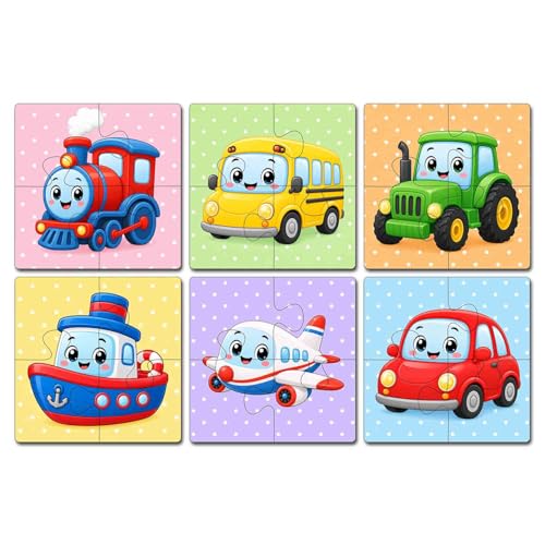 Image of Wooden Jigsaw Puzzle Set of 6 for Kids Age 2-6 Years | Pack of 6 Puzzles with 4 Pieces Each | Toddler Learning Educational Toy | Mixed Themes Puzzle for Boys & Girls (Vehicle)