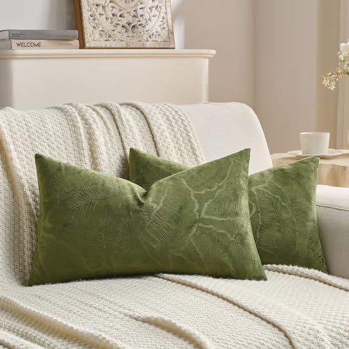 Image of FUTEI Pack of 2 Velvet Throw Pillow Covers 12x20 Inch Soft Embossed Leaf-Relief Textured Decorative Lumbar Pillowcases Modern Natural Farmhouse Accent for Couch Bed Living Room, Moss Green