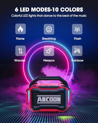 Image of ANCOON Speakers Bluetooth Wireless: 80W(Peak) Loud Speaker with Bass, 20H Playtime, IPX6 Waterproof, Large Jobsite Speakers for Work, Outdoor, Workshop, Garage, Portable Speaker with TWS (Red)