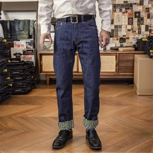 Men’S Casual Slim Fit Natural Indigo Selvedge Denim Pants Button Fly Midweight Cuffed Full Length Daily Wear2
