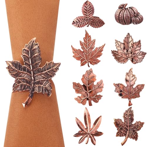 Remerry OY-REMERRY-1811 8 Pcs Thanksgiving Napkin Ring Harvest Fall Leaf Napkin Rings Pumpkin Napkin Ring Holders Retro Alloy Metal Napkin Ring Buckle cover