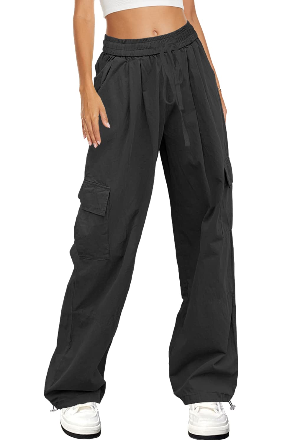 HVEPUO Womens High Waist Cargo Pants Y2K Wide Leg Cotton Baggy Hiking Pants Lightweight Elastic Waist Trousers with Pockets