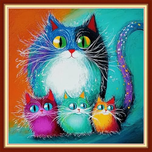 Image of Foxdiviy Stamped Cross Stitch Kits for Beginners Full Range of Cross Stitching 11 CT Printed Cross Stitch Kits for Adults Cross Stitch Patterns Needlepoint Kits-Colorful Cat 18x18 inch
